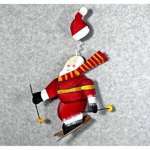 Santa Claus Skiing Tin Ornament 10"‎ Holiday Cabin Farmhouse Country Christmas